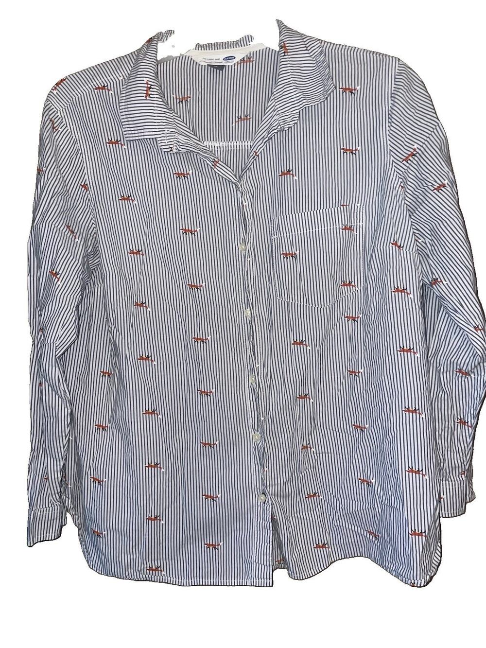 Old Navy Women’s Button Down Collared Fox Print Striped Long Sleeve Top Sz XL